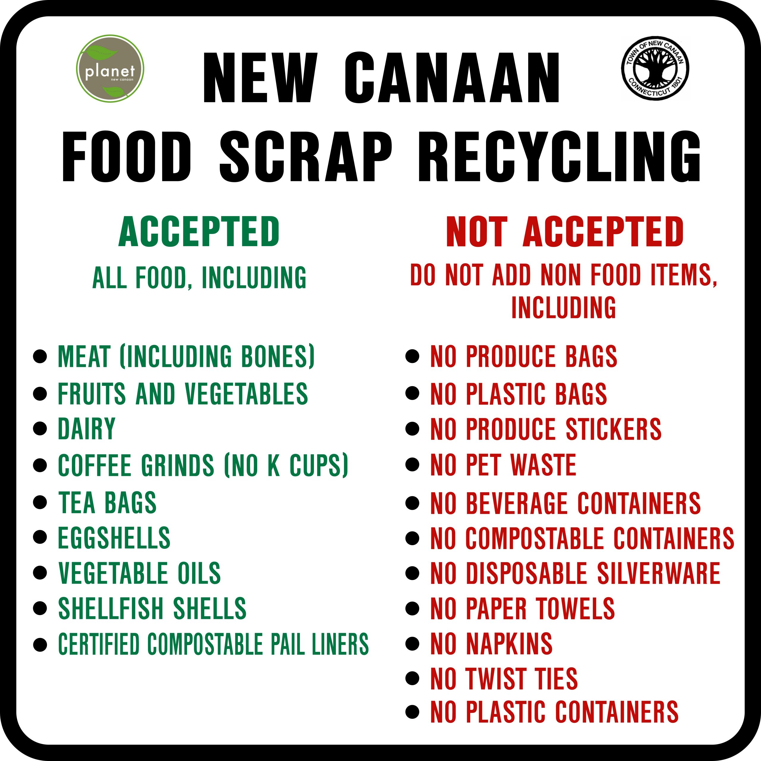 New Canaan Transfer Station's Food Scrap Recycling Sign Food Scrap Recycling Sign that Explains what can and cannot be included